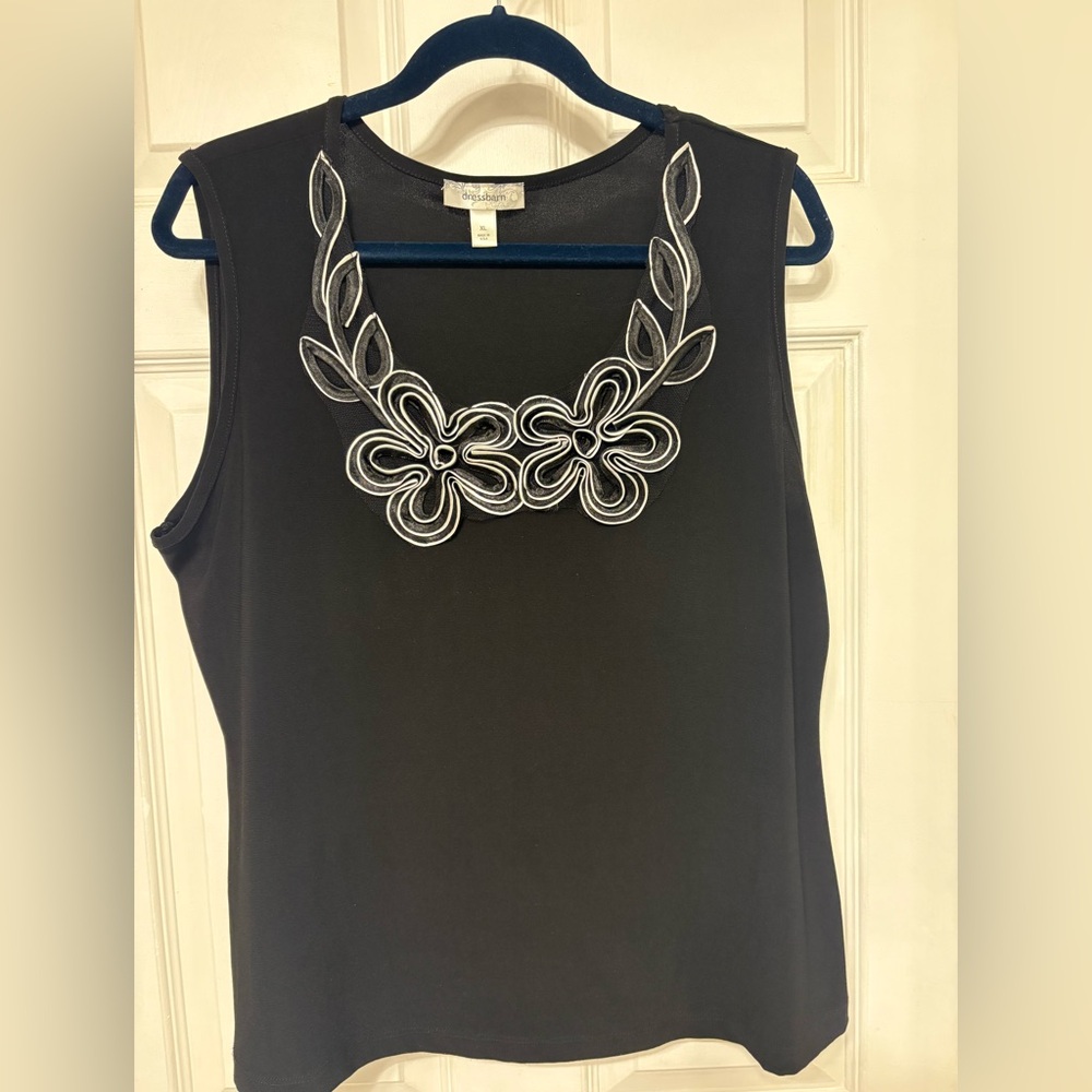 Dressbarn Black Sleeveless Top with White Floral Design